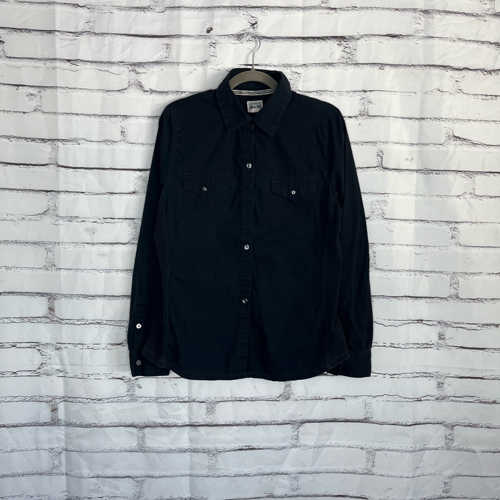 Converse One Star Black Button-Up Shirt Women’s XL Long Sleeve Fitted Top Y2K